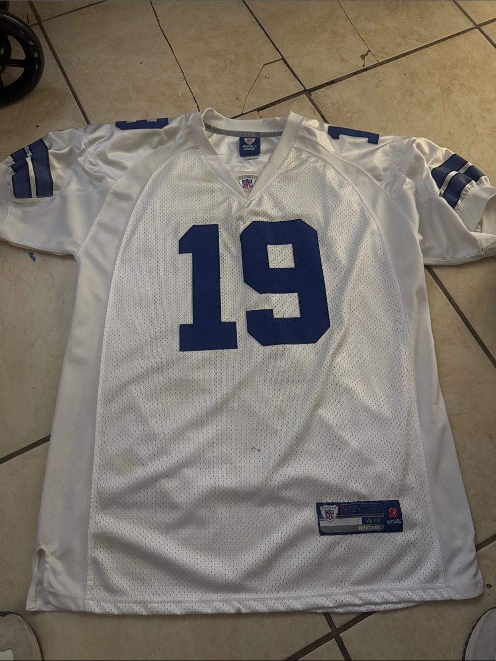 Reebok White and Blue Men’s #19 Football Jersey